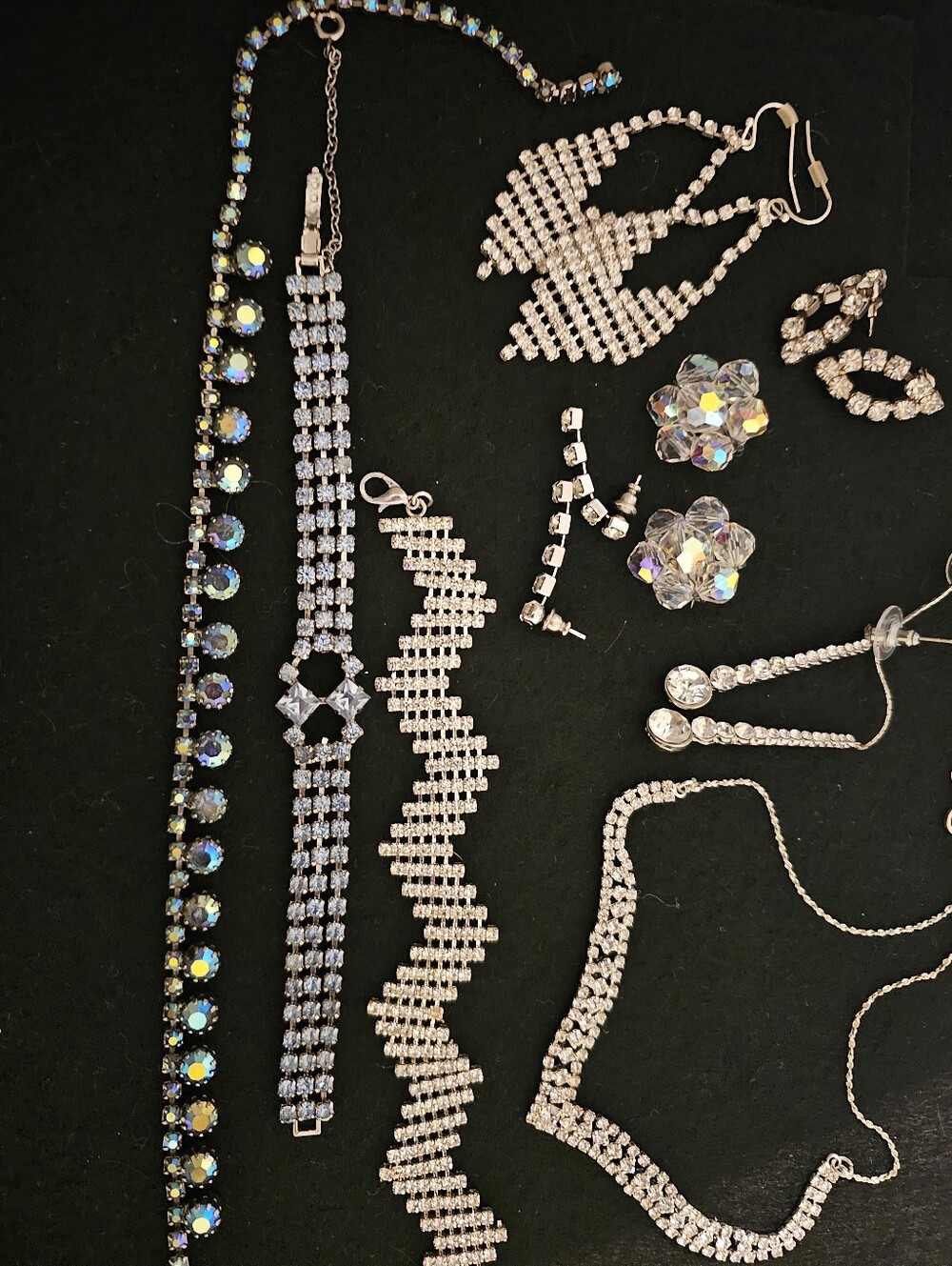 Vintage Crystal Statement Necklace and Earring Set - Silver Clear
